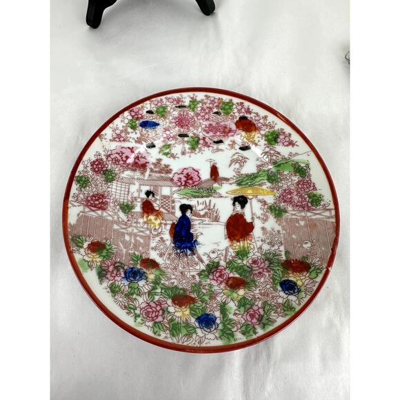 Japanese Antique China Two 7 In. Plates Geisha Floral Structures 1921-1941 - Picture 6 of 9